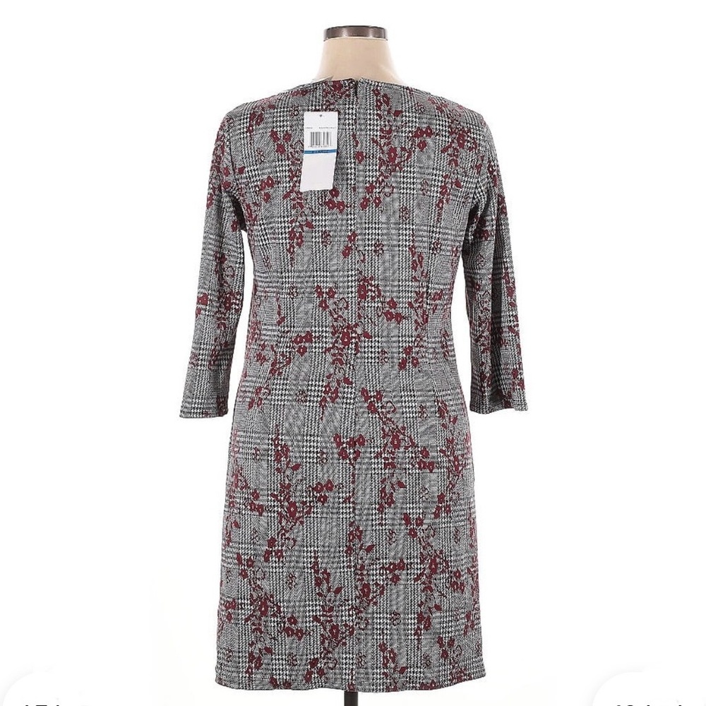NWT Nina Leonard Tweed Shift Dress XL Black Red Multi Plaid Floral Print - Picture 2 of 4